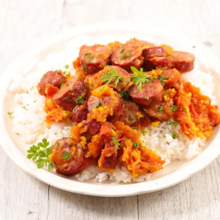 ROUGAIL SAUCISSES + 2 ACCOMPAGNEMENTS
